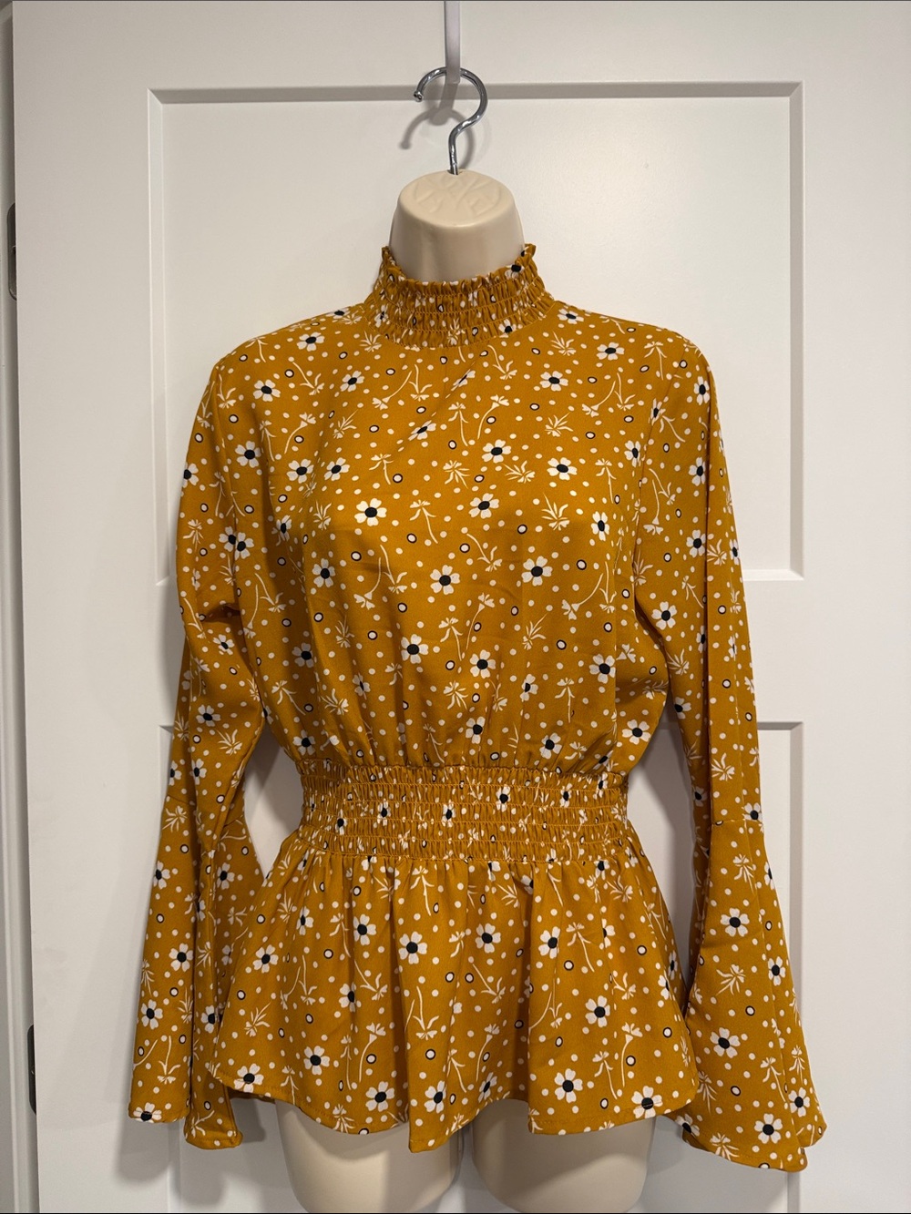 True Destiny Mustard Yellow Floral Smocked Peplum Blouse Top Size M Made in Indi